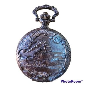 Vintage Geneva Railroad Train Engraved Filigree Pocket Watch Silver Ornate